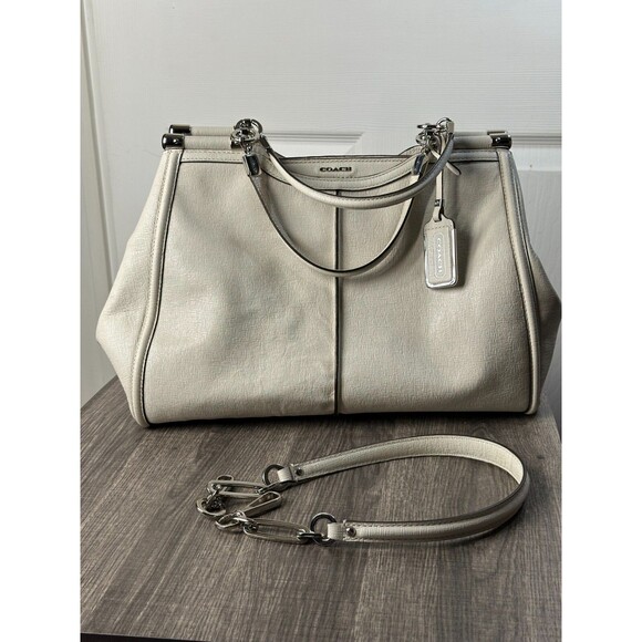 Coach Madison Caroline Parchment White Satchel Textured Leather Handbag - Picture 1 of 15